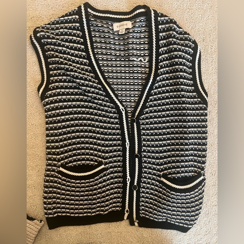Evereve Black & White Striped Knit Button Vest